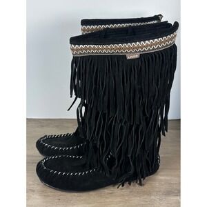 Lamo Womens 7 Black Suede Fringe Moccasin Boots Embroidered Back Zip Mid Calf